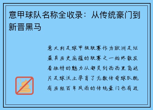 意甲球队名称全收录：从传统豪门到新晋黑马